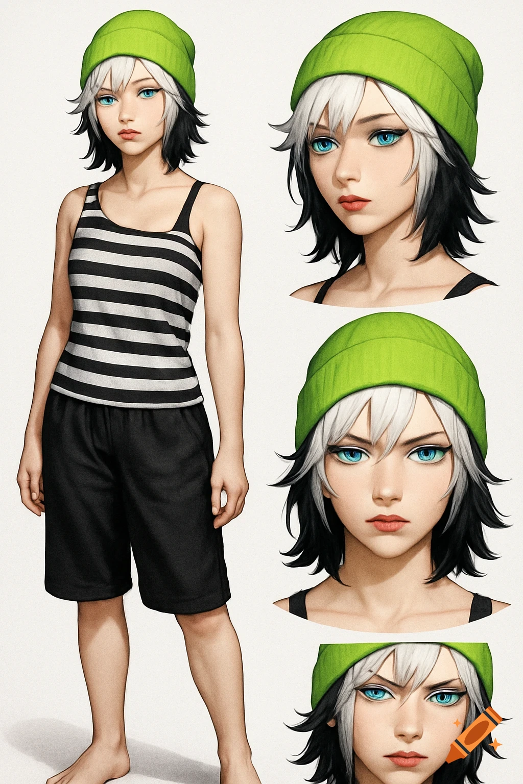 Anime character sheet of a young woman with white and black hair, blue eyes, green beanie, striped tank top, black shorts.