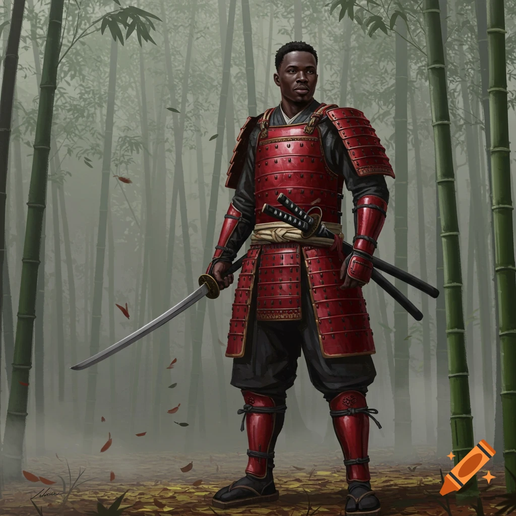 An African male samurai in red armor stands in a misty bamboo forest, holding a katana in a semi-realistic art style.