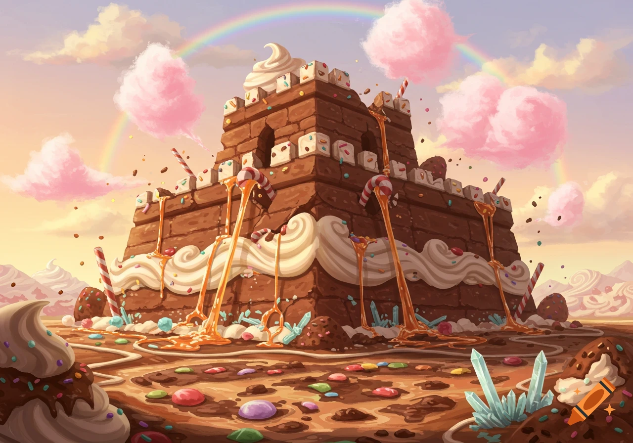 A whimsical chocolate castle with white frosting, candies, and dripping caramel in a candy land under a rainbow.