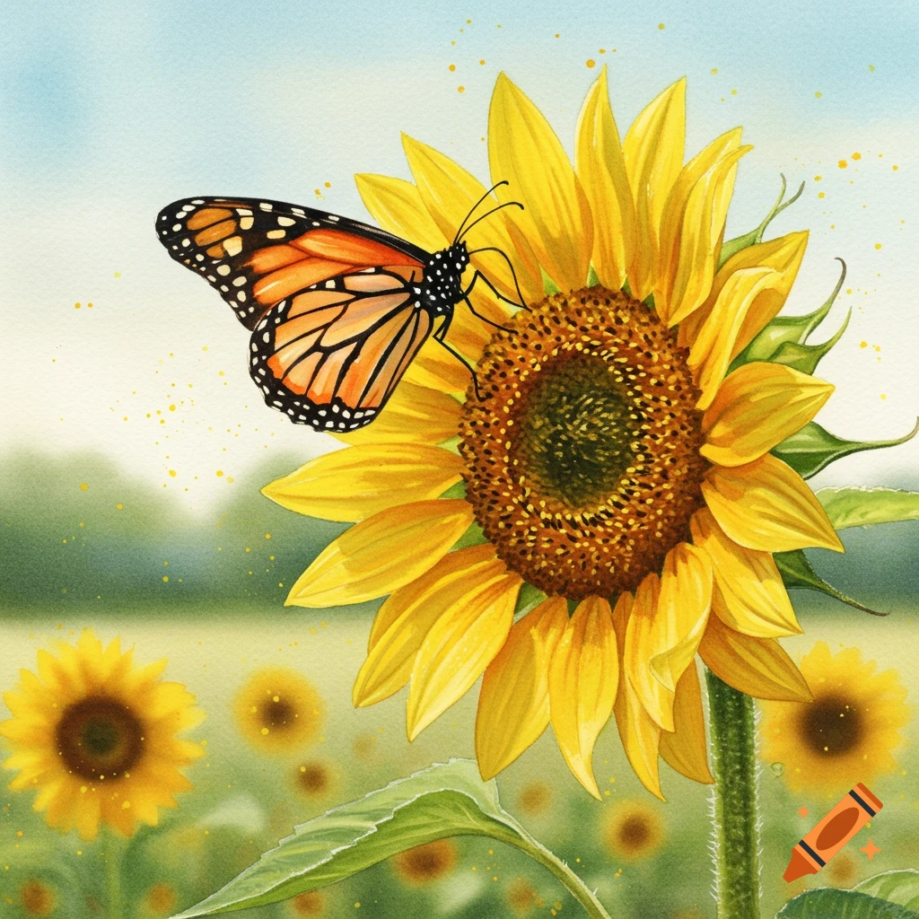 A monarch butterfly rests on a vibrant yellow sunflower in a watercolor painting.