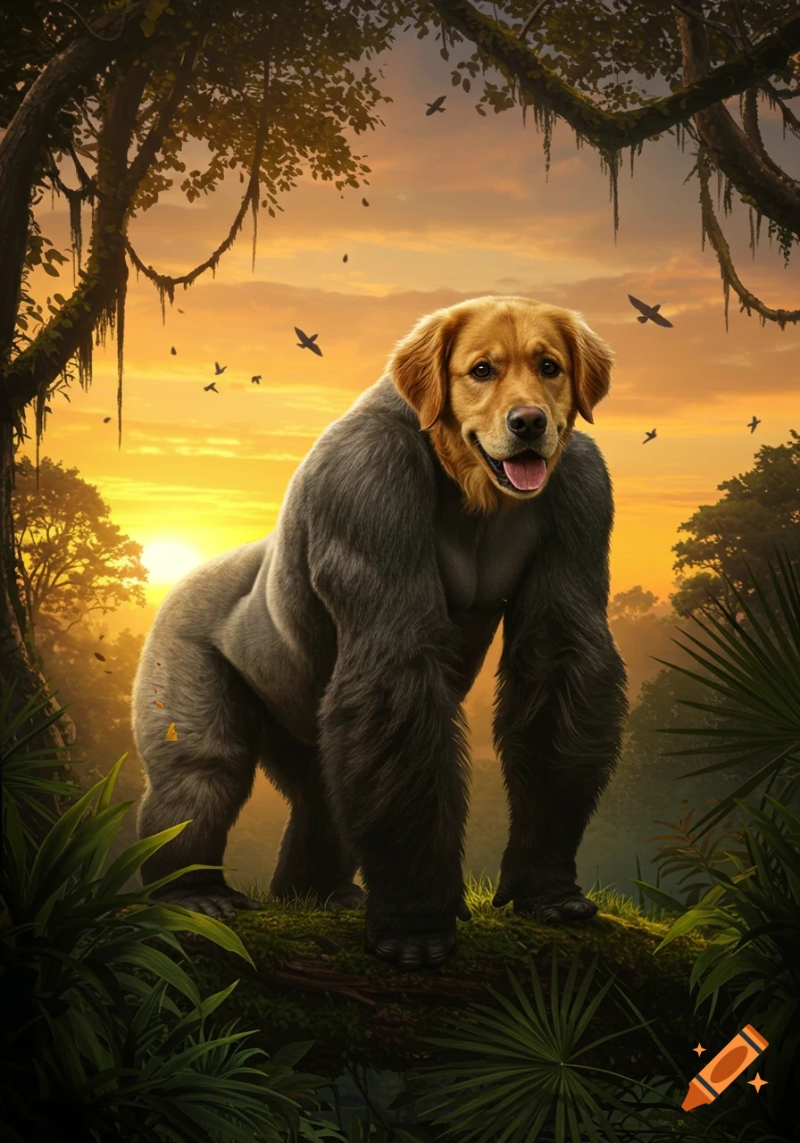 A photorealistic image of a golden retriever head on a gorilla body standing in a lush jungle at sunset.
