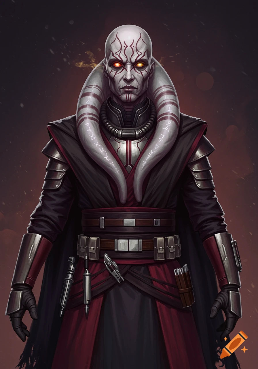 A pale-skinned humanoid with red facial markings, glowing eyes, and tentacle-like head-tails, wearing dark robes and armor.