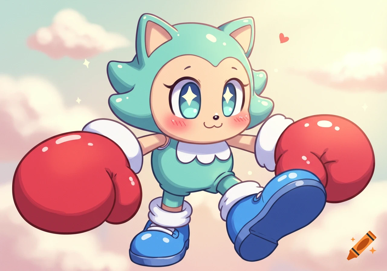 A cute chibi cat-like character with teal fur, large sparkling eyes, red boxing gloves, and blue shoes, standing in a cloudy sky.
