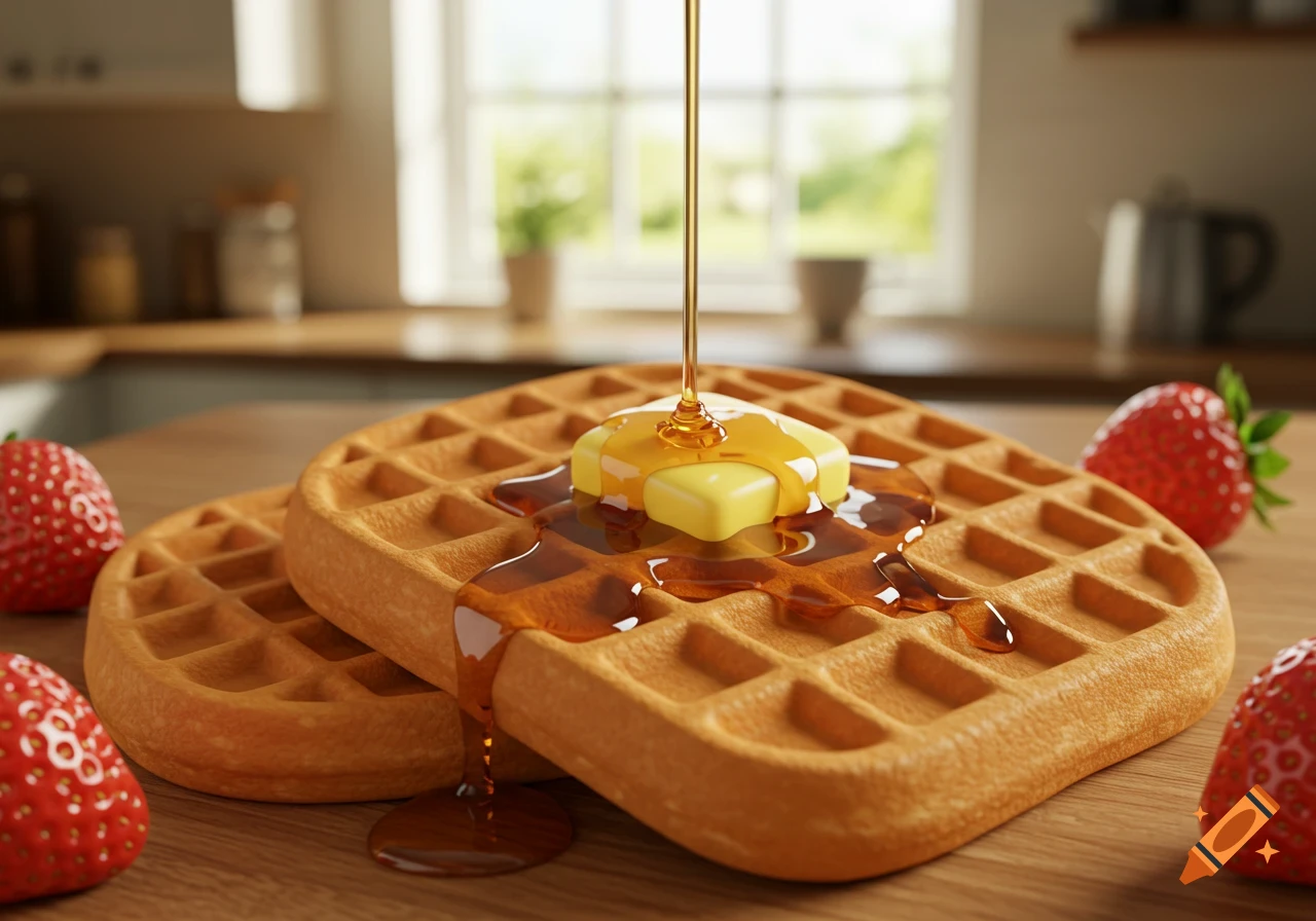 Two golden waffles topped with melting butter and syrup, with fresh strawberries on a wooden table.