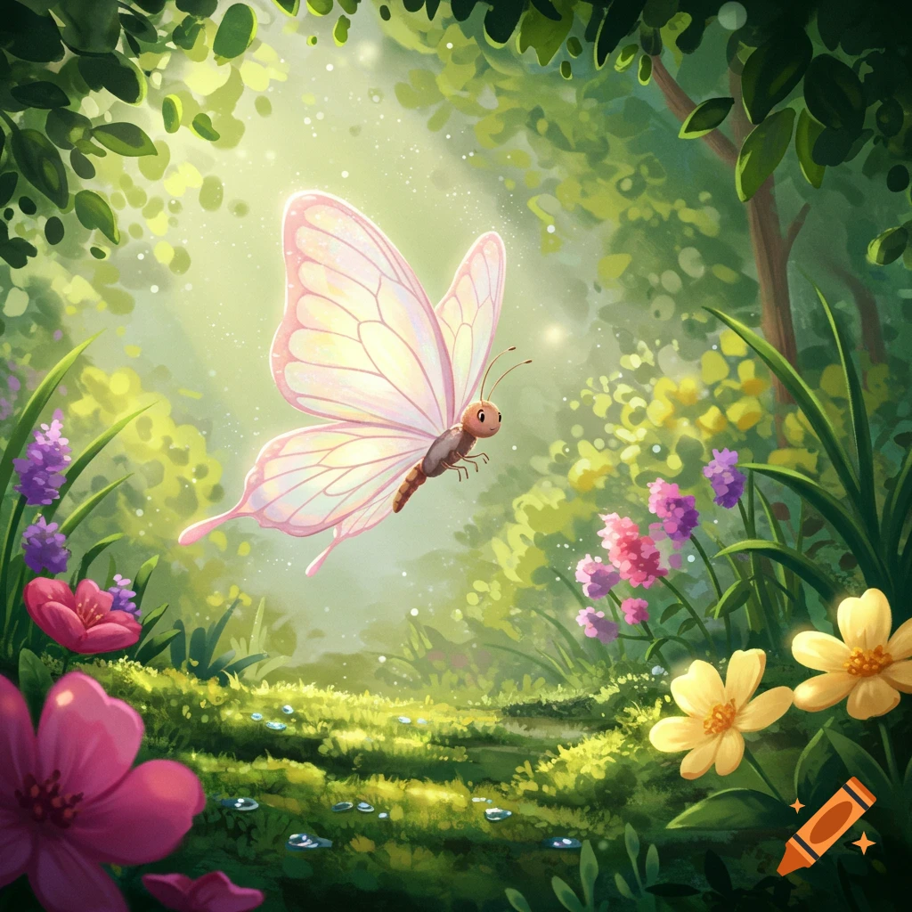 A whimsical illustration of a glowing pink butterfly flying in a sun-dappled green forest with colorful flowers.
