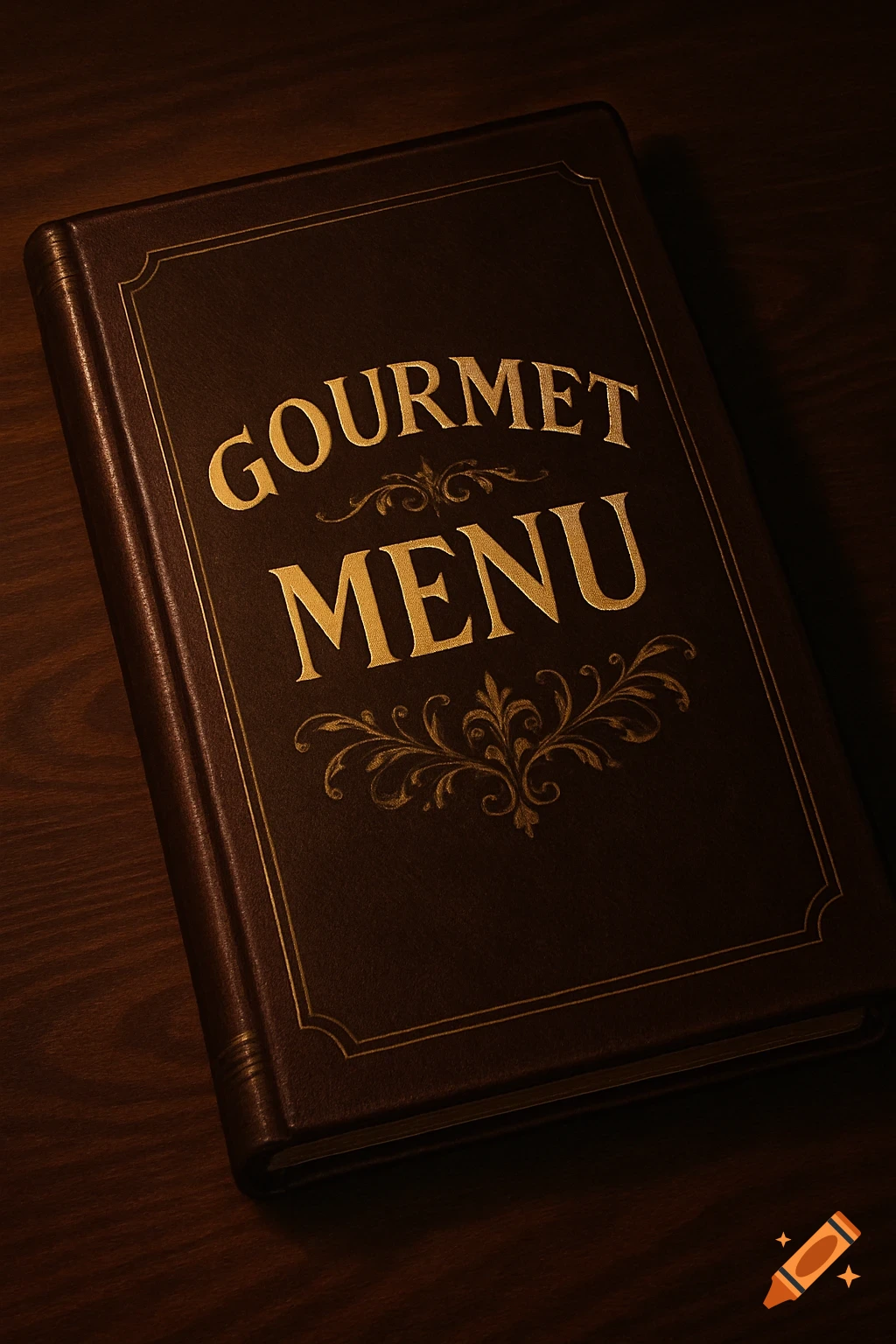 Dark brown leather-bound book with 'GOURMET MENU' embossed in gold, resting on a wooden table.