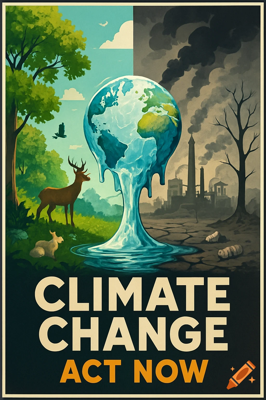 A poster depicting a world divided: on the left, a lush green landscape with trees and deer; on the right, a barren, smoky industrial wasteland. A melting globe sits in the center, dripping water. Text reads "CLIMATE CHANGE ACT NOW".