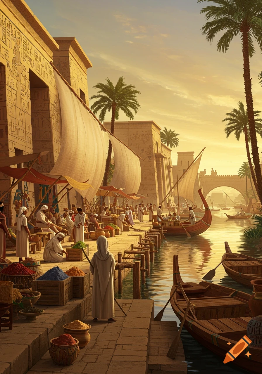 An atmospheric view of an ancient Egyptian port at sunset, with sailboats, market stalls, and people along a river lined with carved buildings and palm trees.