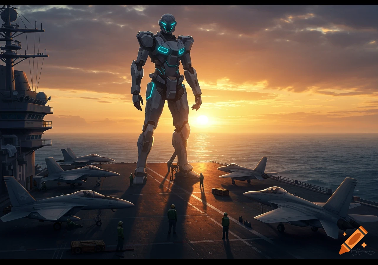 A giant mecha stands on the deck of an aircraft carrier at sunset, surrounded by jet fighters and small human figures.