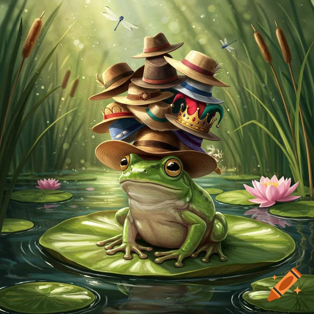 A whimsical green frog sits on a lily pad in a pond, balancing a tall stack of diverse hats, surrounded by water lilies and dragonflies.