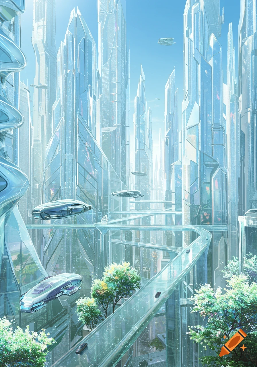 A bright, pristine futuristic cityscape with towering glass skyscrapers, flying vehicles, elevated roads, and green foliage.