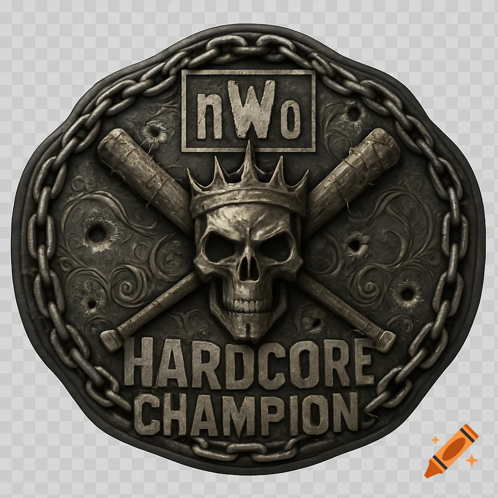 Dark metallic NWO Hardcore Champion belt plate with crowned skull, crossed bats, chains, and bullet holes.