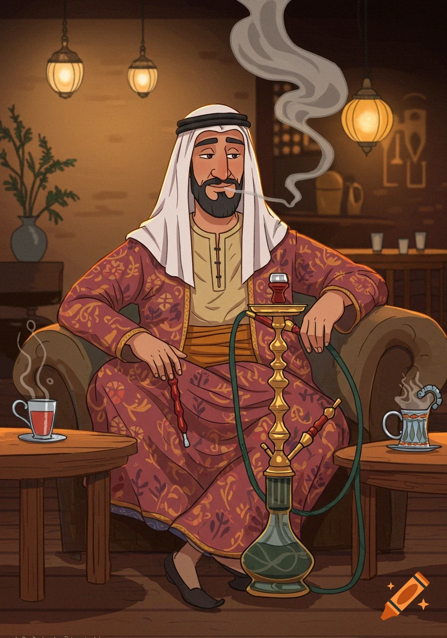 Cartoon illustration of a bearded Lebanese man in traditional attire smoking a hookah in a warmly lit cafe.