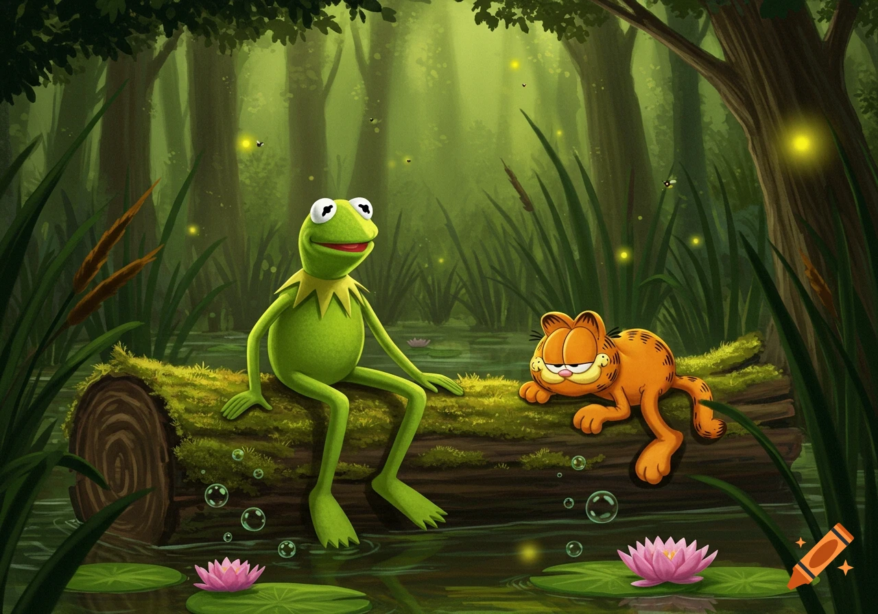 Kermit the Frog sits on a mossy log in a lush green swamp with Garfield the Cat lounging beside him, surrounded by water lilies and fireflies.