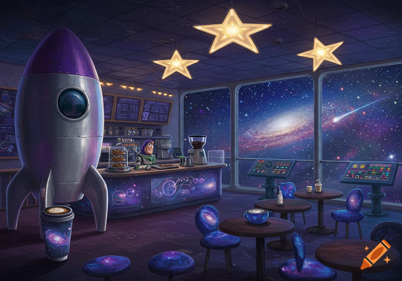 Cartoon space-themed coffee shop with Buzz Lightyear serving behind a counter, a rocket, and windows looking out onto a galaxy.