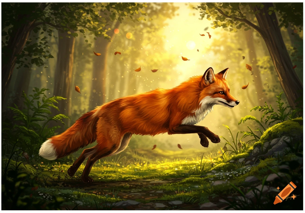 A vibrant red fox leaps through a sun-dappled autumn forest with falling leaves, depicted in a painterly, illustrative style.
