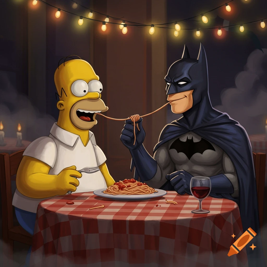 Homer Simpson and Batman share a single spaghetti noodle across a candlelit dinner table, cartoon style.