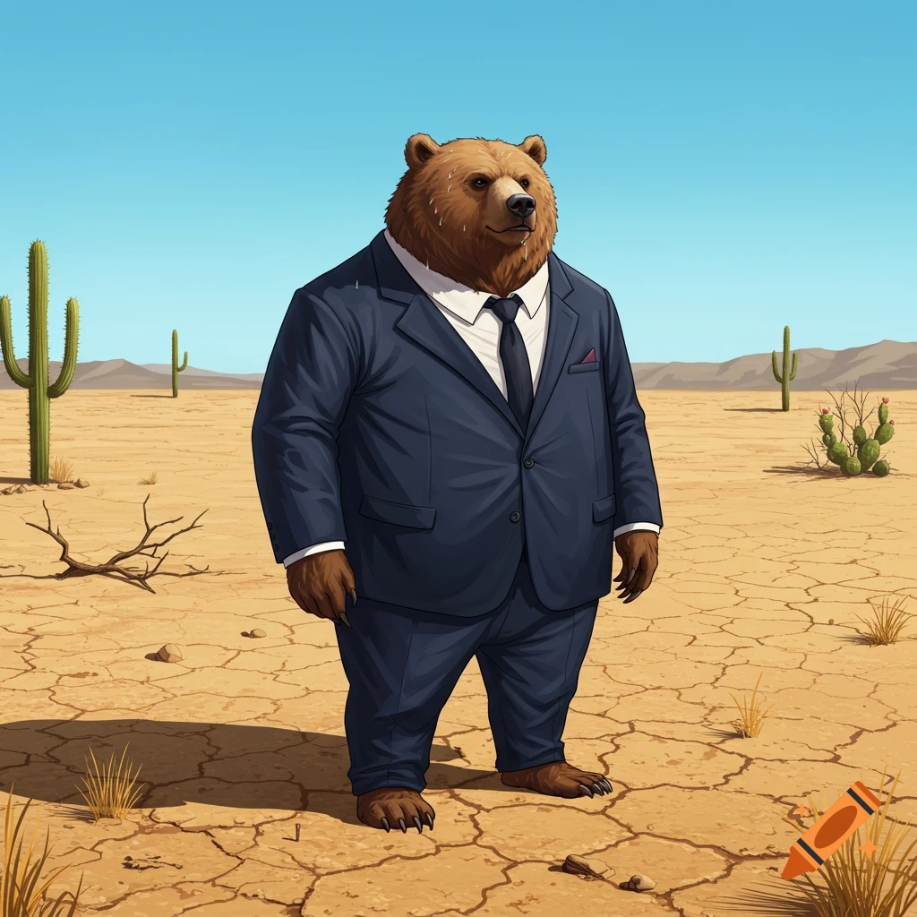A sweating brown bear wearing a dark blue business suit stands in a dry desert with cracked earth and cacti.