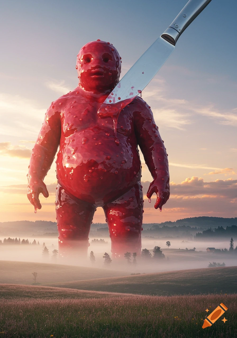 A giant, red, jam-covered humanoid figure stands in a foggy field at sunset with a large knife stuck in its chest, dripping goo.