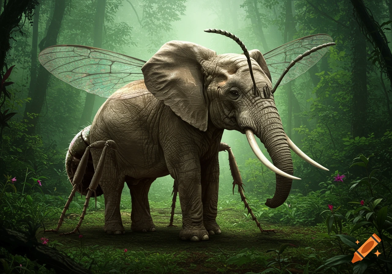 A photorealistic elephant-ant hybrid with insect wings and antennae stands in a misty, lush green jungle.