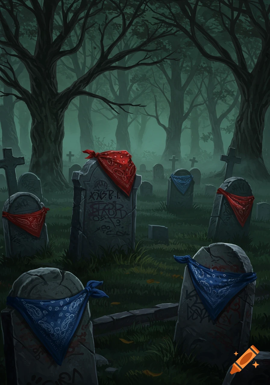 Dark, misty graveyard with gnarled trees. Several gravestones in the foreground are adorned with red and blue bandanas, and some have stylized graffiti.