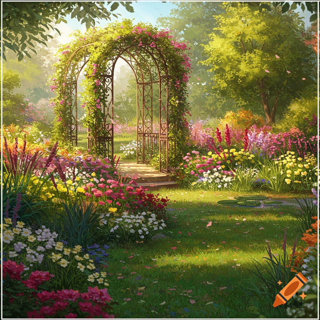 Vibrant painterly garden with a floral archway, lush greenery, and colorful flowers under a bright sky.