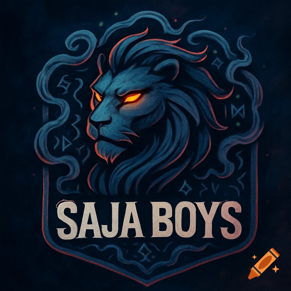 A stylized logo featuring a dark blue lion's head with glowing orange eyes, set against swirling elements within a shield, with the text 'SAJA BOYS' below.