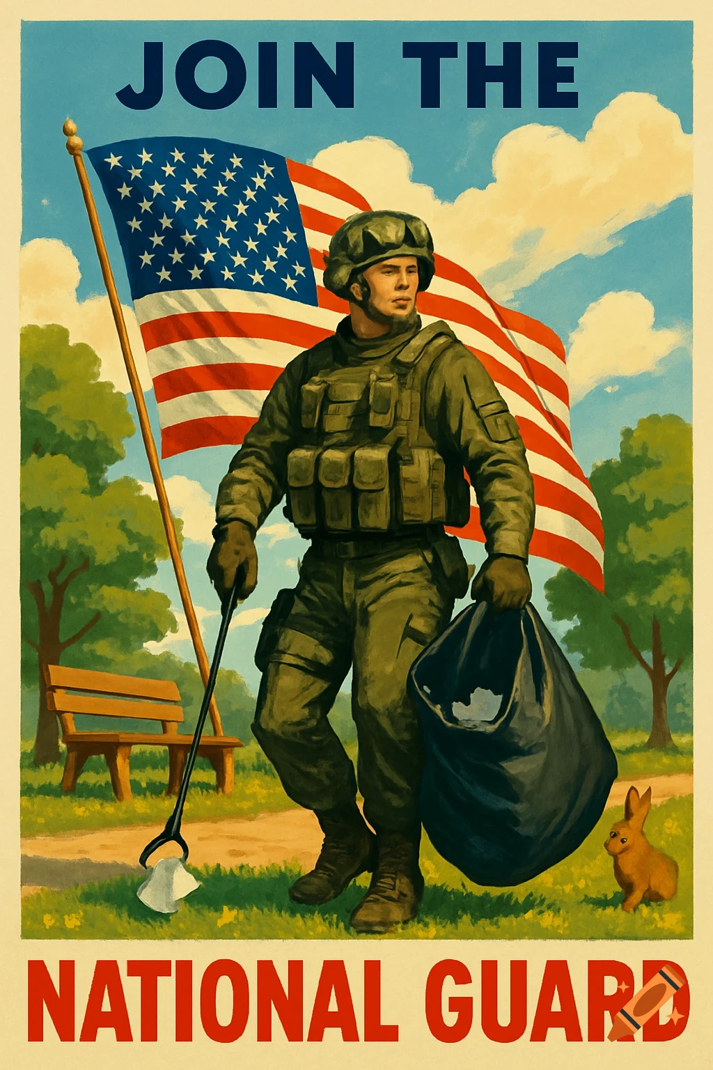 Vintage poster: A National Guardsman cleans a park under an American flag. Text: JOIN THE NATIONAL GUARD.