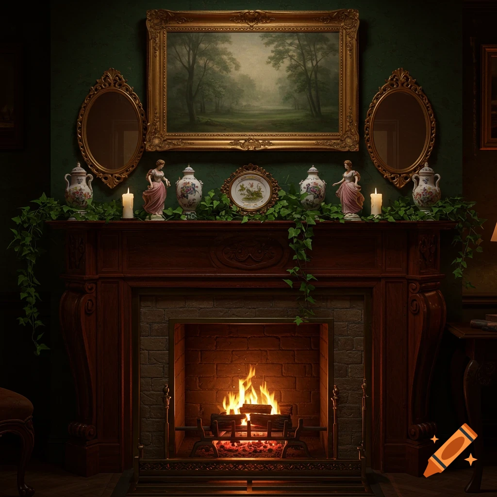 An ornate antique fireplace with a roaring fire, painting, mirrors, and Victorian decor, draped in ivy.