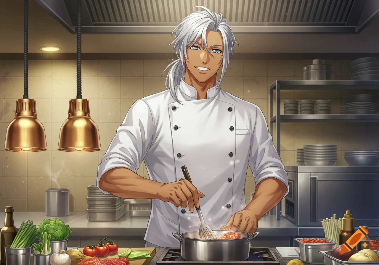 A tan anime man with silver hair and blue eyes smiles while stirring food in a pot in a kitchen.