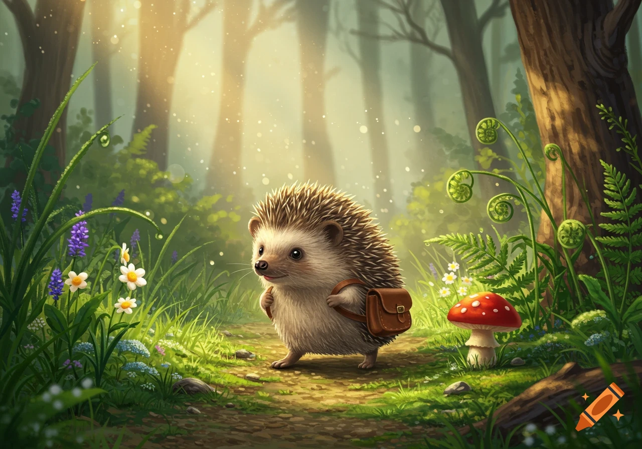 A cute hedgehog with a satchel walks through a sunlit, vibrant forest path, surrounded by wildflowers and ferns, in an illustrative style.