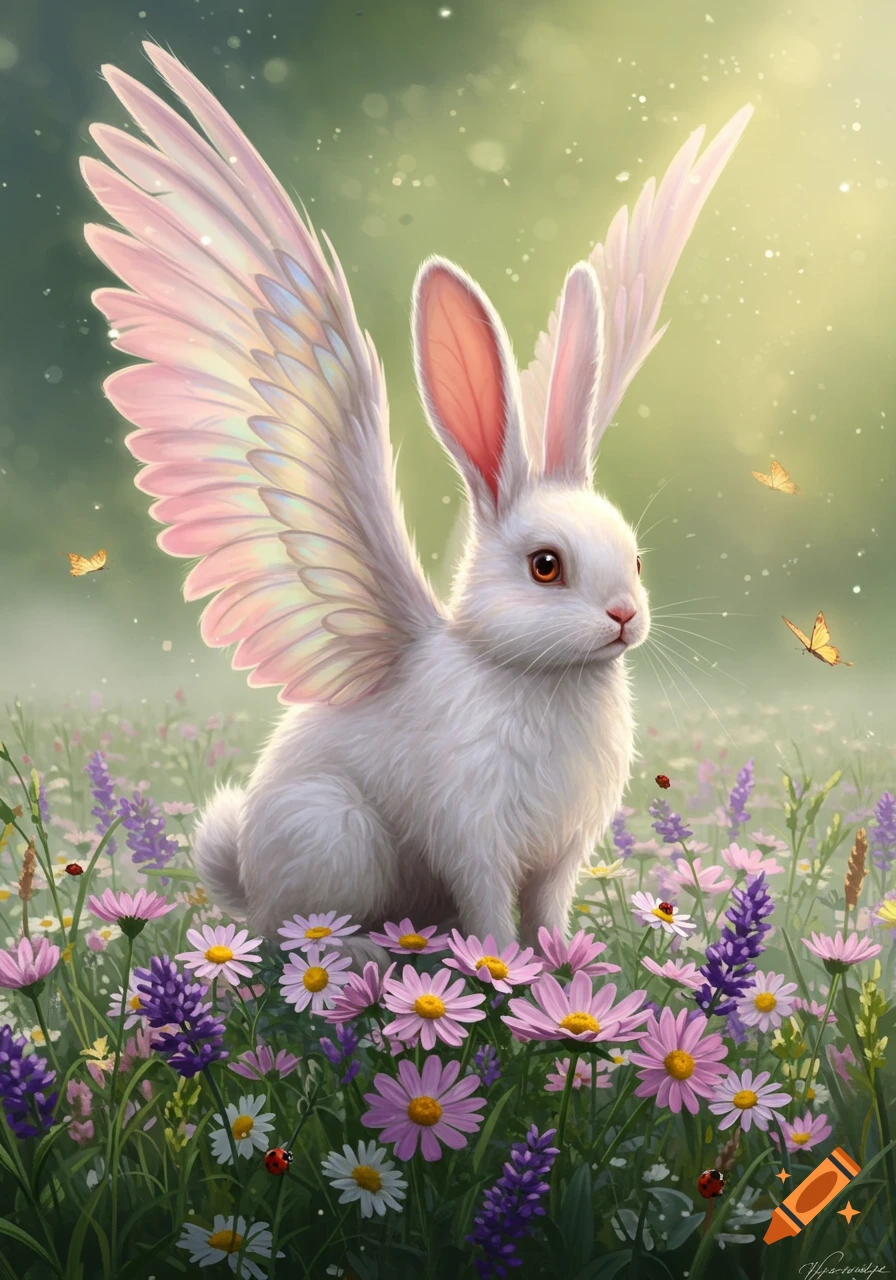 A white bunny with large, pink, iridescent wings sits in a field of colorful flowers with butterflies under a soft, dreamy light.