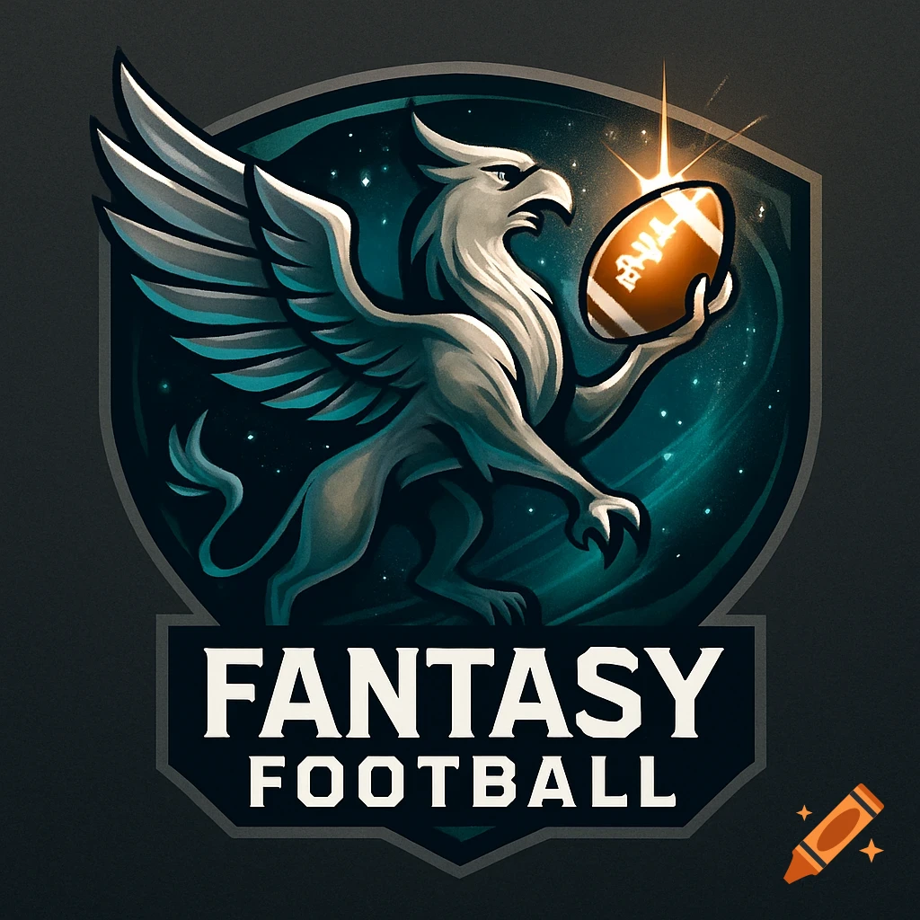A fantasy football logo featuring a majestic griffin holding a glowing American football against a starry, teal background, with "FANTASY FOOTBALL" text below.