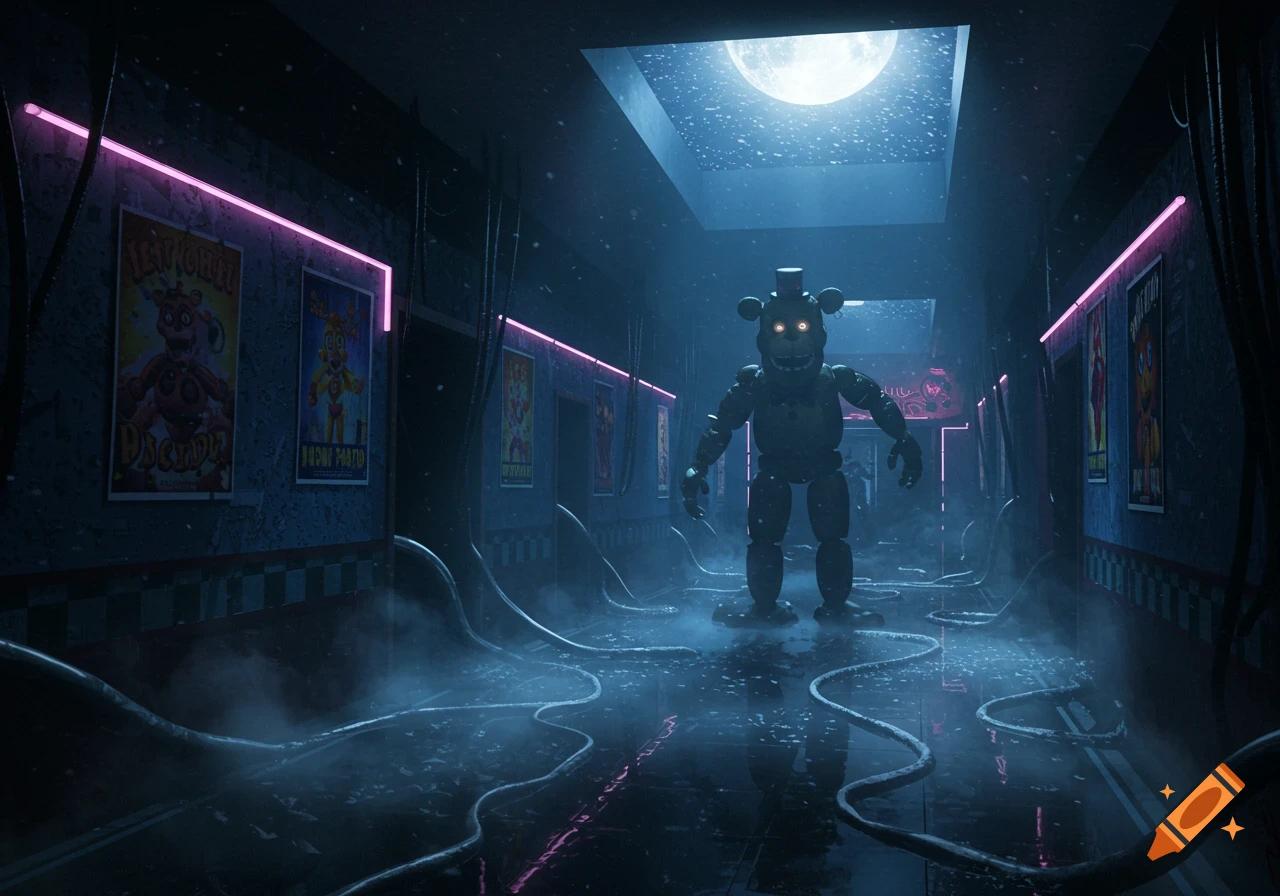 A dark, eerie hallway with a large, glowing-eyed animatronic robot standing in the center. Neon pink lights line the walls with distorted posters, and wires snake across the wet, misty floor under a moonlight skylight.