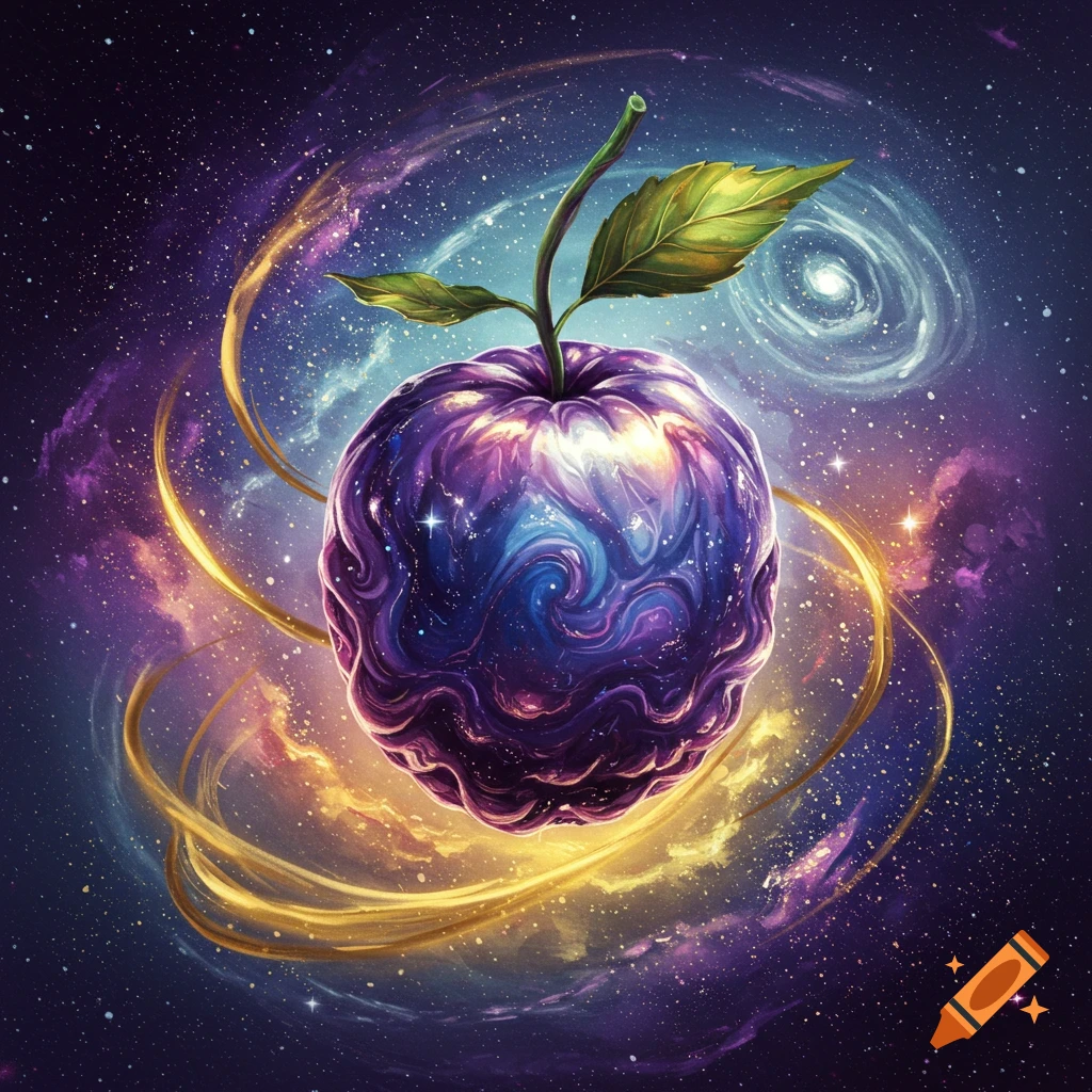 A vibrant, glowing purple cosmic fruit with green leaves, surrounded by golden energy swirls in a starry galaxy.