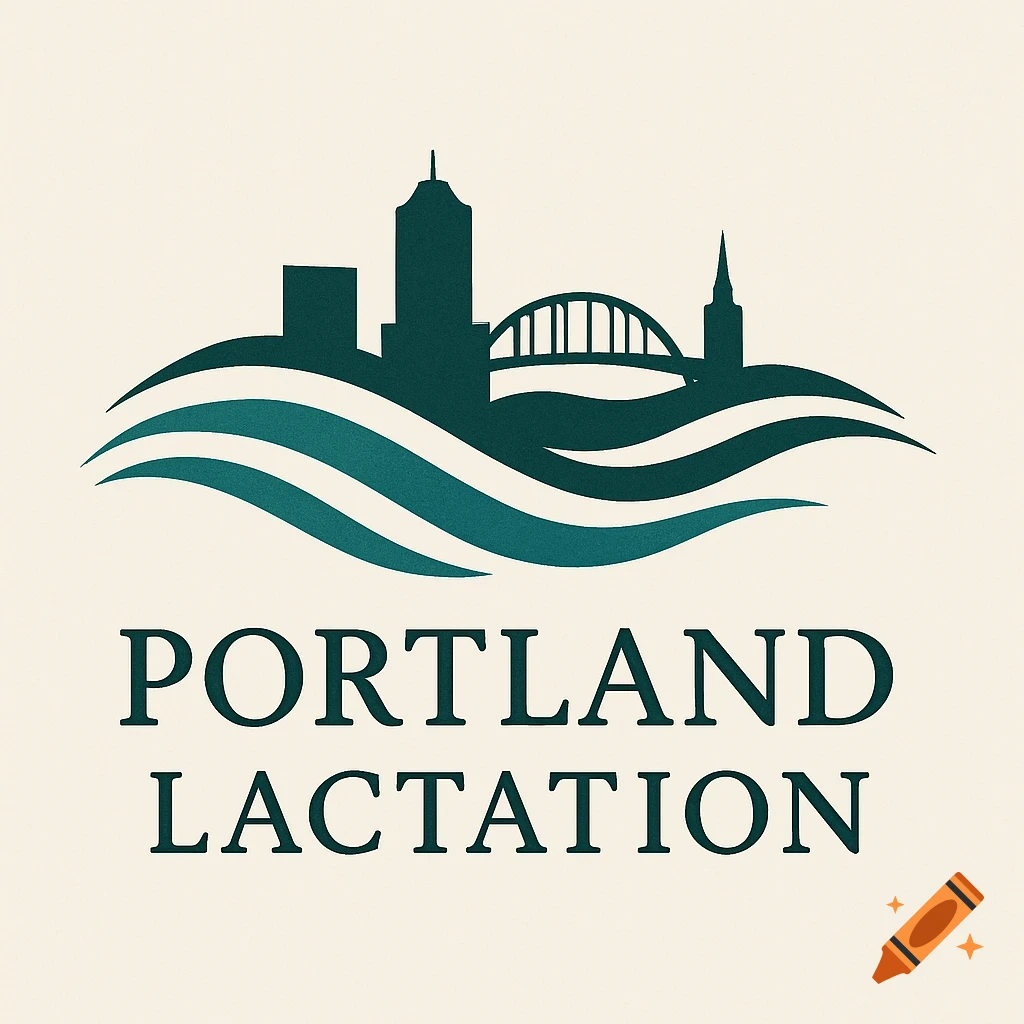 Minimalist graphic design logo featuring a dark teal cityscape silhouette above waves, with 'PORTLAND LACTATION' in dark text below.