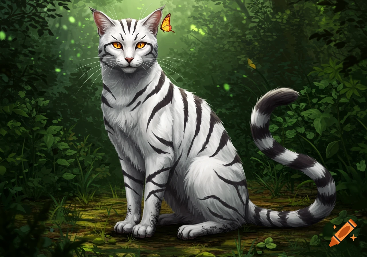 A white and black striped cat with glowing amber eyes sits in a lush green forest, a butterfly on its ear.