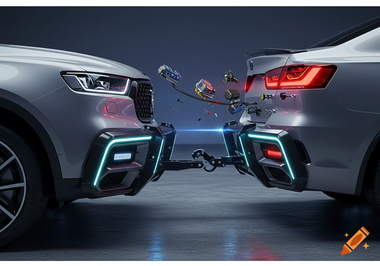 A futuristic vehicle bumper system connecting the front of one silver car to the rear of another, with glowing cyan lights and floating mechanical parts.