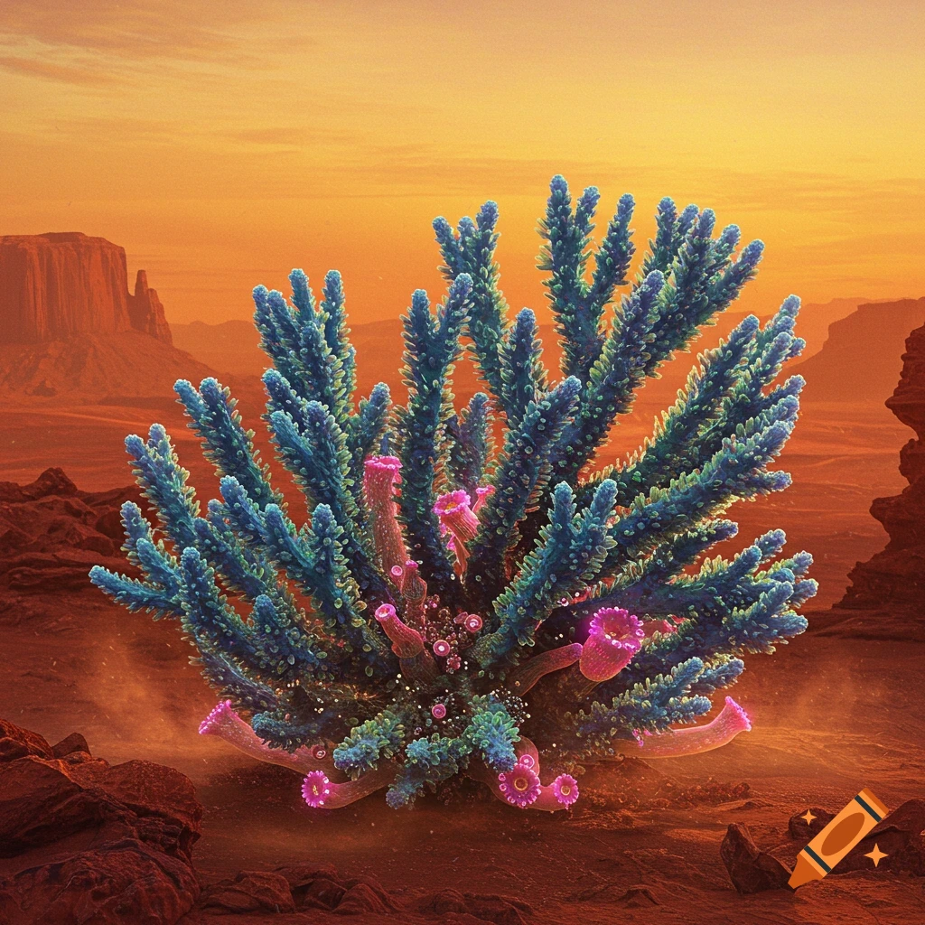 A vibrant blue-green and pink coral-like plant sprouts from the ground in a red Martian desert with mesas under an orange sky.