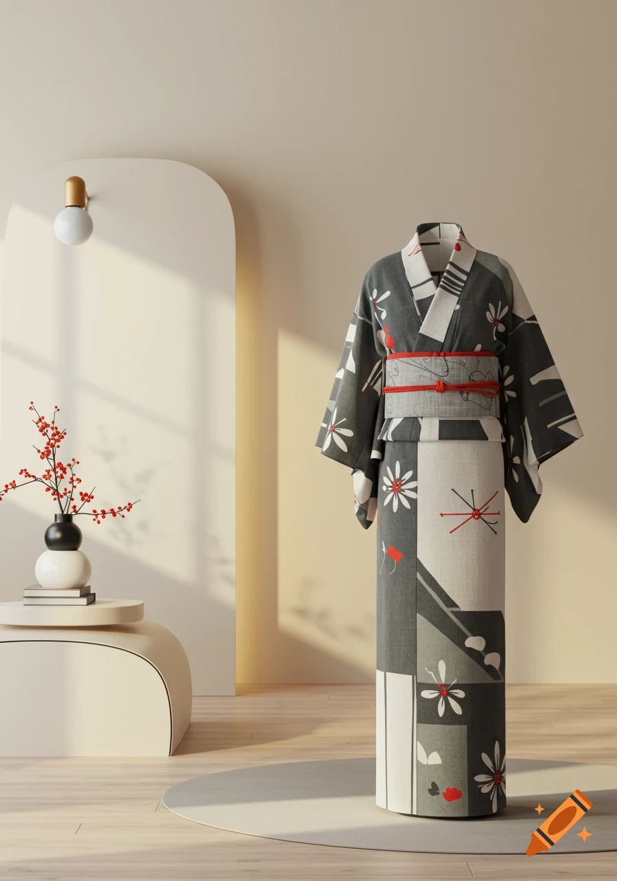 A modern minimalist Japanese kimono in black, white, and red stands in a light-filled room with a decorative vase.
