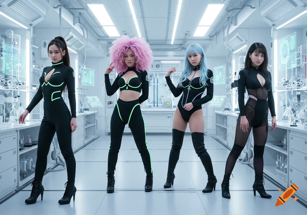 Four hyperrealistic Asian girls in black and neon techwear pose in a white sci-fi science lab.