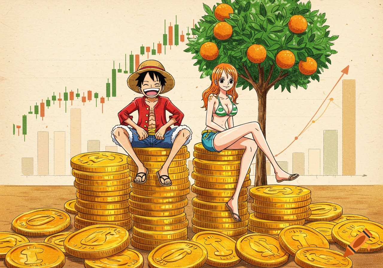 Luffy and Nami from One Piece sit on gold coin stacks, a financial chart, and an orange tree behind them in anime style.