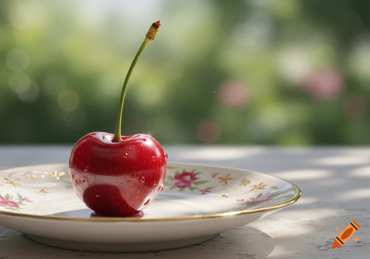 A glistening red cherry with a green stem sits on a decorative white and gold plate, with a blurred green background.