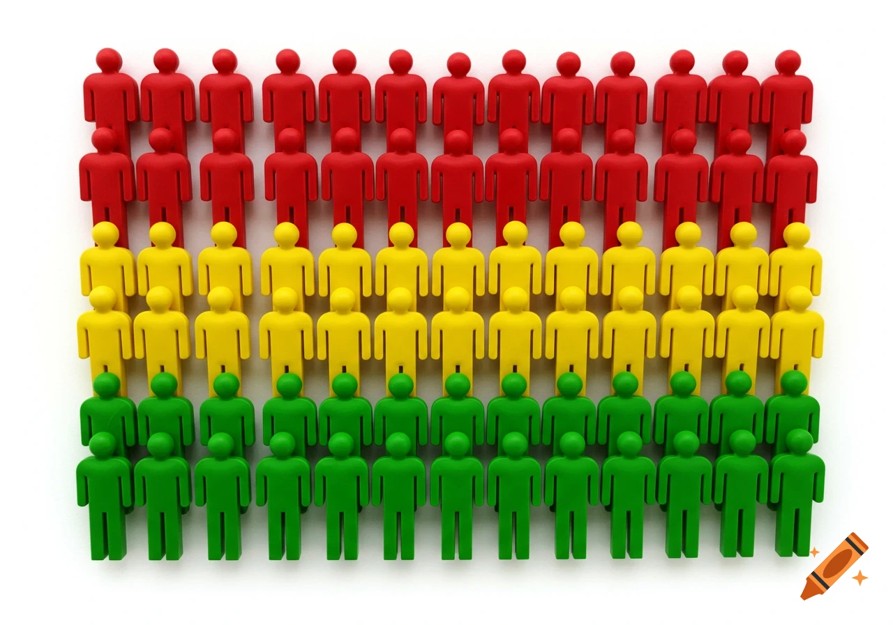 An overhead view of a grid of small, simplified human figures arranged in three rows: red at the top, yellow in the middle, and green at the bottom.