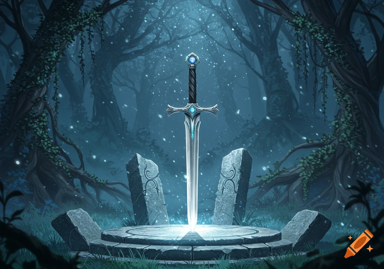 A glowing, ornate sword stands upright in a stone pedestal in the center of a mystical, dark forest under a blue-lit canopy.