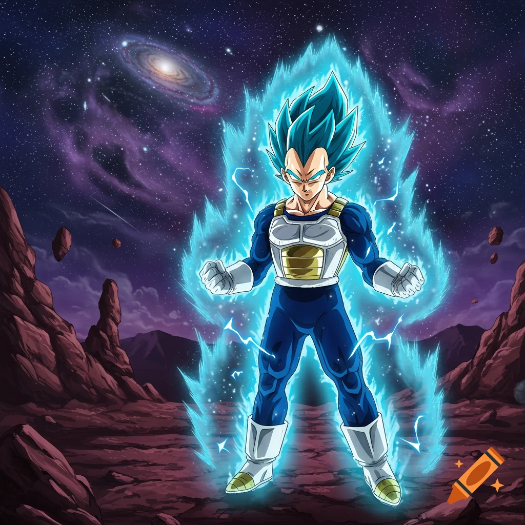 Anime character Vegeta with blue spiky hair and glowing blue aura stands on a red alien planet with a galaxy in the sky.