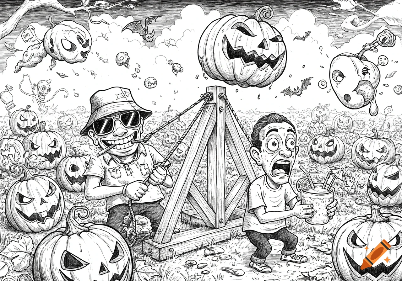 Chaotic black and white cartoon illustration of two men in a pumpkin patch. One grins, pulling a trebuchet launching a pumpkin; the other looks horrified, holding a tropical drink.