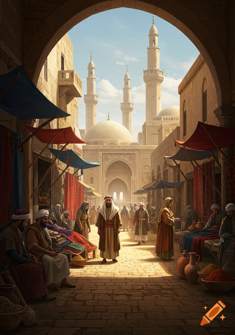 Bustling ancient Middle Eastern market street under an archway, with people in traditional robes, colorful stalls, and a grand mosque with minarets.