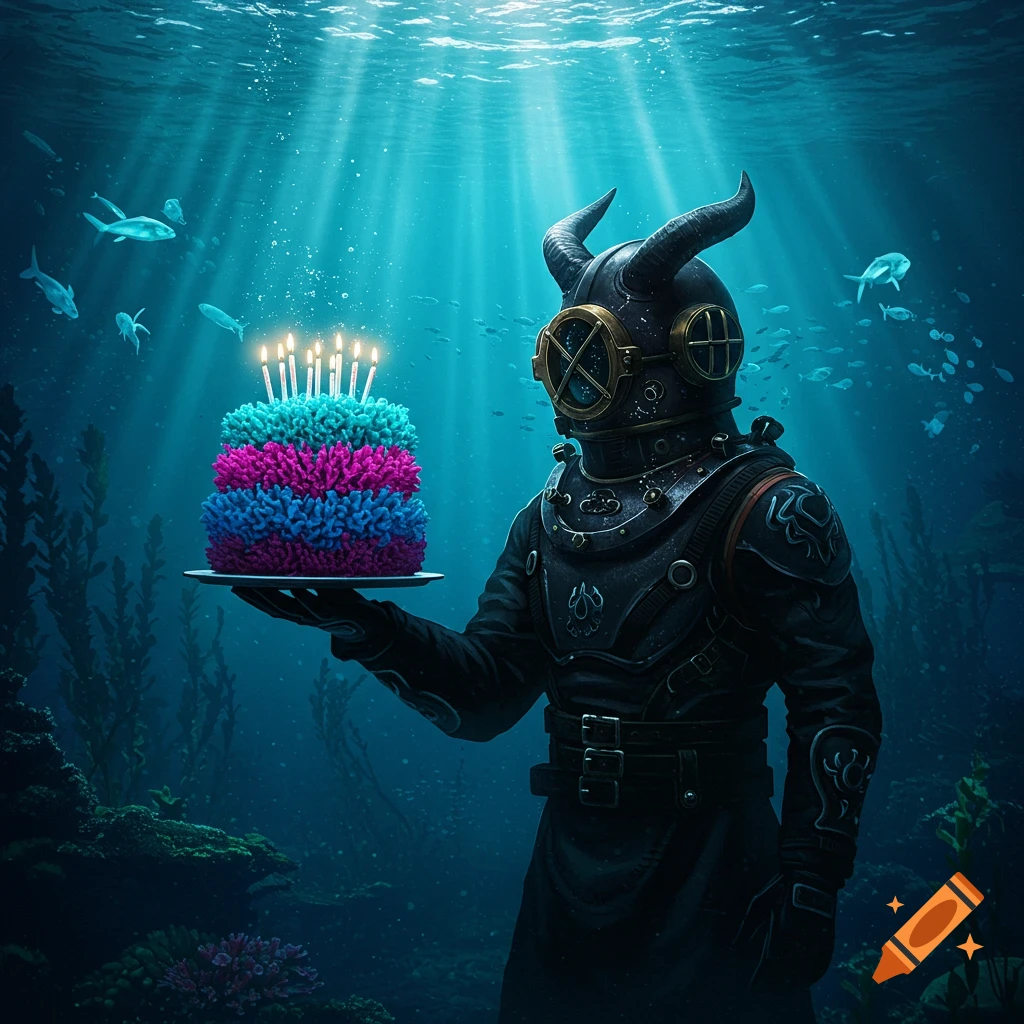 A horned deep-sea diver in a dark suit holds a vibrant birthday cake with lit candles underwater, surrounded by fish and light rays.