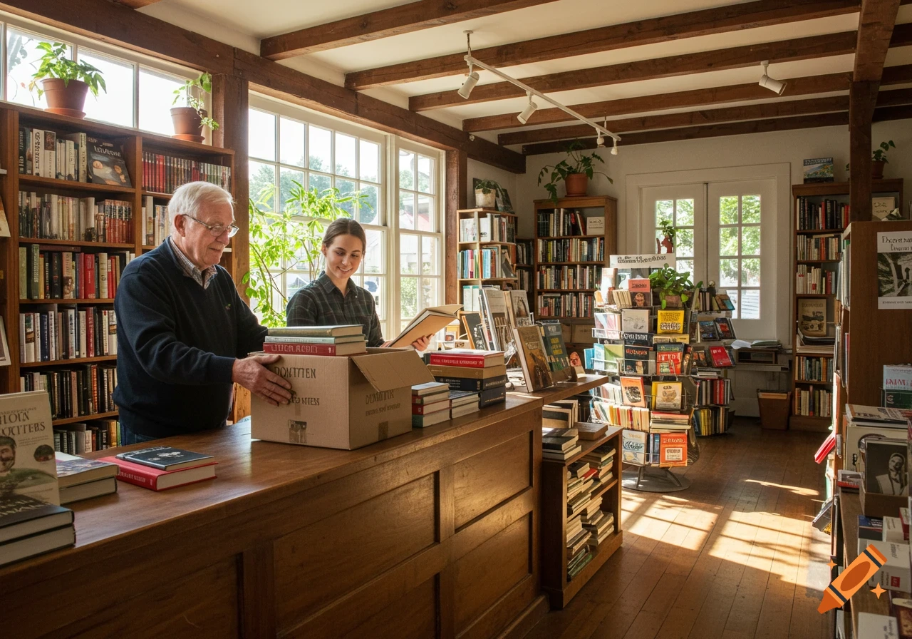An older man and a young woman in a sunlit bookstore. The man places books into a cardboard box on a wooden counter, while the woman behind him smiles, looking at a book.